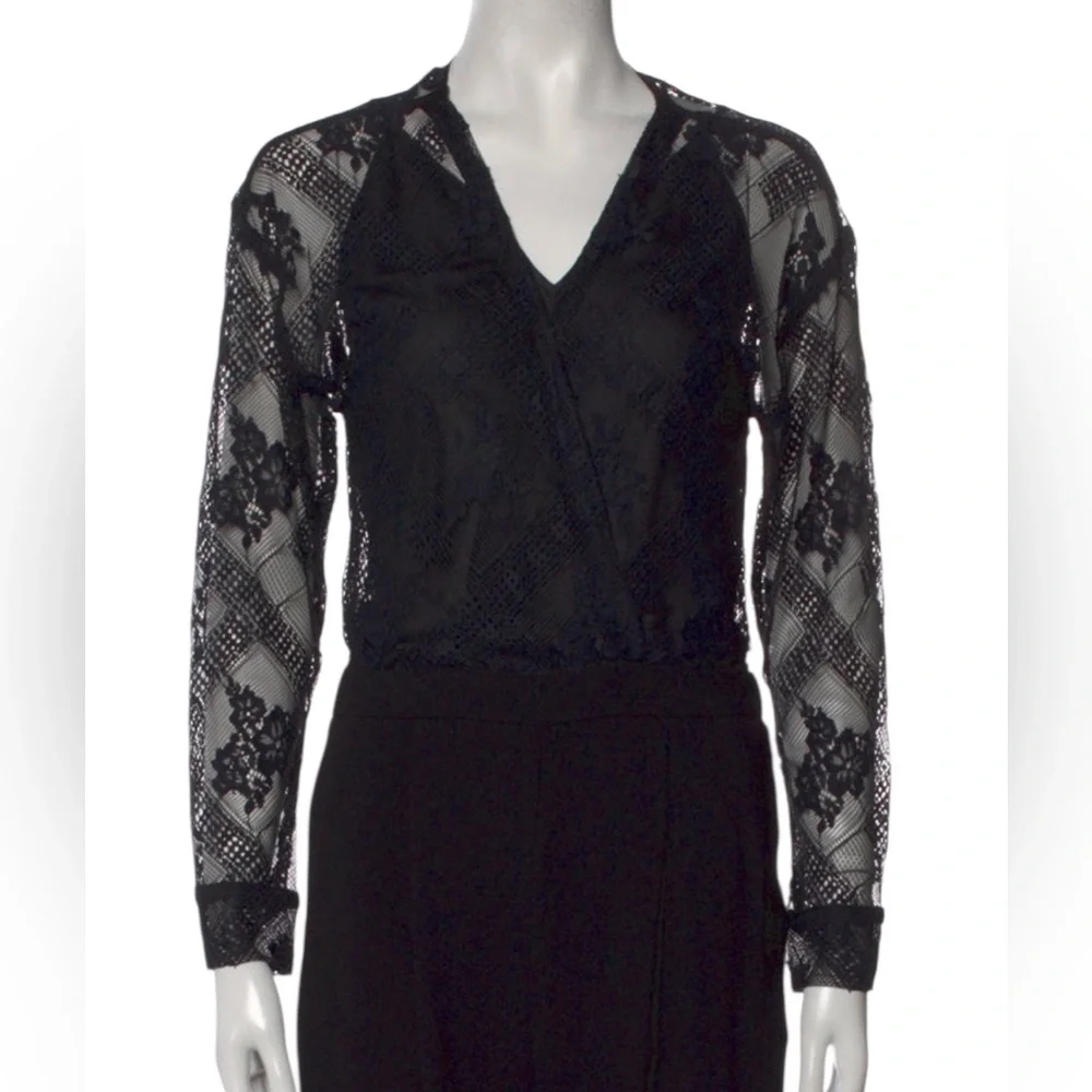 Maje Black Lace Jumpsuit with Sheer Sleeves xs straight leg cropped fairycore - Picture 6 of 7